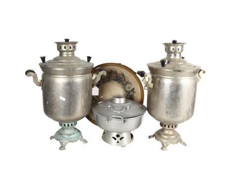 A pair of large chrome plated 2-handled tea urns, H49cm, and another, and a circular framed print (4) 