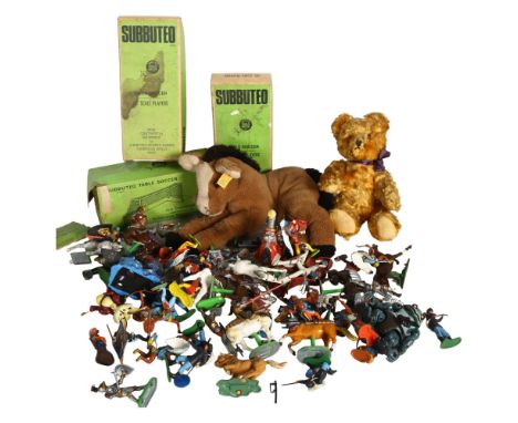 STEIFF - a Steiff horse teddy bear, in a laying down pose, and 1 other Steiff teddy bear, a quantity of Vintage Subbuteo, inc