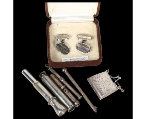 A group of silver items, to include a pair of silver cufflinks, engraved silver stamp purse, and 3 other small silver propell