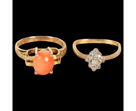 A 14ct gold and coral set dress ring, size J, and a small 9ct gold and diamond set ring, probably size G but has a misshapen 
