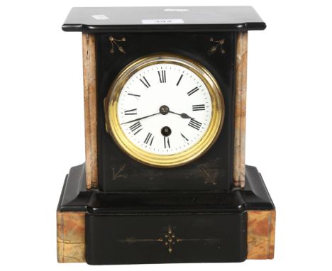 A slate and pink marble-cased mantel clock, H23cm 