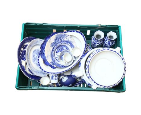 A quantity of various Vintage blue and white ceramics, including Copeland Spode, Vine, Burleigh Ware, Wedgwood etc 