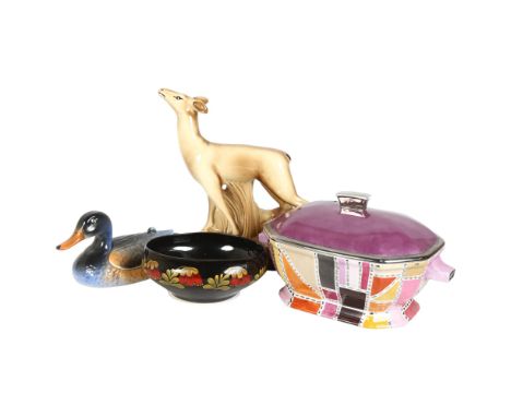 A Limoges tureen, a 1930s St Radegonde standing deer,  statue, H33cm, stamped on base, and 2 other French ceramic items, incl