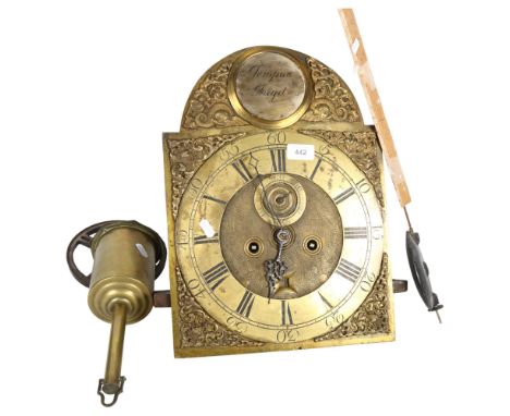 A brass longcase clock dial and movement with pendulum, H42cm, and a brass spit roasting jack 