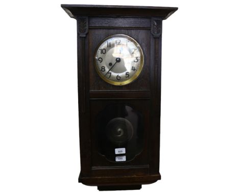 A Vintage oak-cased 8-day drop-dial wall clock, silvered dial with Arabic numerals, case height 70cm, with key and pendulum 