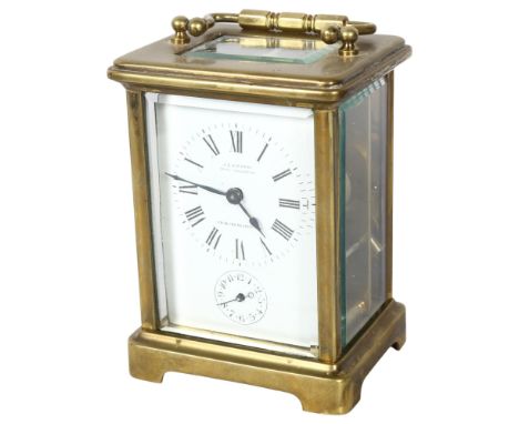 J C VICKERY - a brass-cased carriage clock with enamel dial, Romany numerals and alarm dial, complete with key, height 11cm n