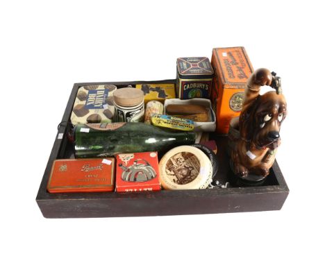 Vintage decorative tins, ashtrays, novelty decanter etc 