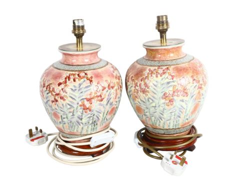 A pair of modern ceramic desk lamps, with floral design, H32cm 