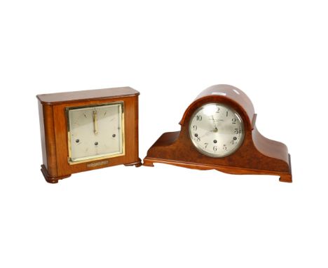 An Elliot mantel clock with plaque dated 1960, and a Napoleon hat style clock, by Pleasance & Harper Bristol, with 3-train mo