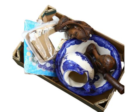 A modern blue and white wash jug and basin, carved African figures, cigarette cards etc 