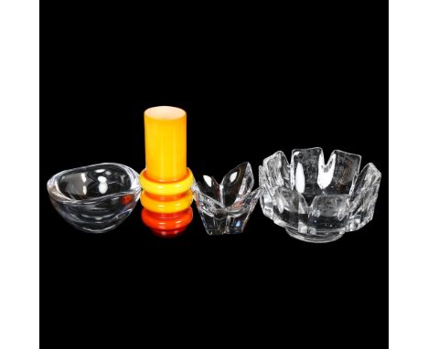 4 pieces of Swedish Art Glass, 3 Orrefors bowls, includinga  Sandart bowl by Lars Hellsten and an orange Art Deco vase, heigh