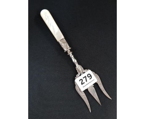 SILVER TOASTING FORK WITH MOTHER OF PEARL HANDLE 