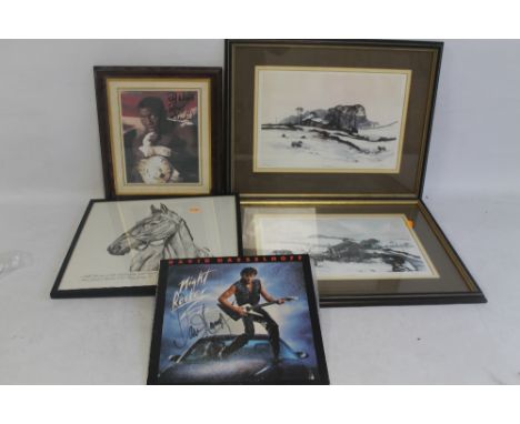 A FRAMED COLOURED PHOTOGRAPH OF FRANK BRUNO, bearing signature, a copy of 33RPM vinyl "Night Rocker" by David Hasselhoff,  a 