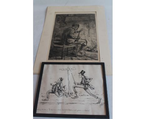 A FRAMED ETCHING TITLED "THE SMOKER", together with a mounted Comical Pen and Ink drawing "Weary Woodie" for tho love O'Pete 