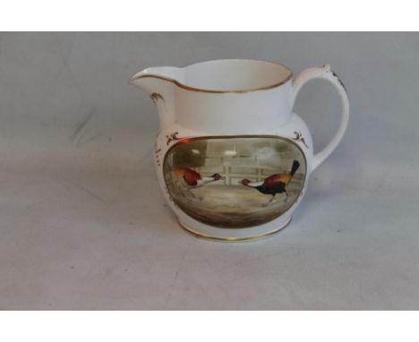 A 19TH CENTURY COCKFIGHTING JUG, DEPICTING TWO SCENES OF FIGHTING COCKS AND THE GILT LEGEND, "George Austin" Tipton 1850 h 13