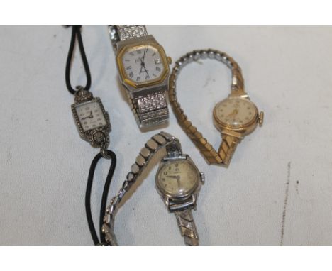  A OMEGA , A SMALL LADIES STEEL MANUAL WIND WRIST WATCH, along with three other Ladies wrist watches, to include a Markin, a 