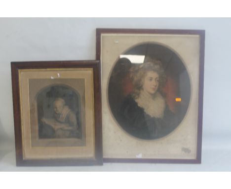 A FRAMED AND GLAZED OVAL PORTRAIT COLOURED ENGRAVING, together with a framed and glazed portrait engraving depicting an elder