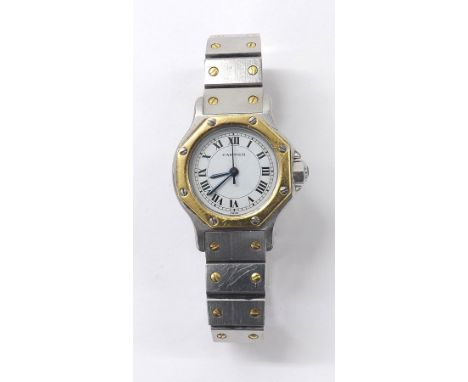 Cartier automatic stainless steel and gold lady's bracelet watch, no. 090723051, white dial with Roman numerals, outer minute