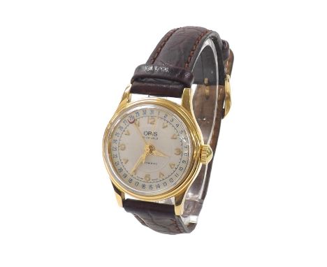 Oris Pointer Date automatic gold plated and stainless steel lady's wristwatch, ref. 7405, silvered dial with Arabic twelve an