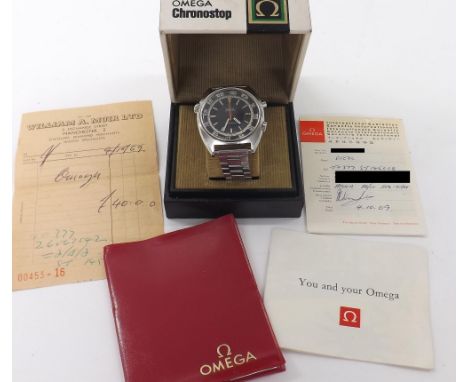Omega Seamaster Chronostop 'Jumbo' stainless steel gentleman's bracelet watch, circa 1968, ref. 145.008, black dial with bato