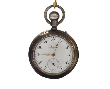 Swiss double-sided plated chronograph pocket watch, the dial signed Longines, with Arabic numerals and subsidiary seconds dia