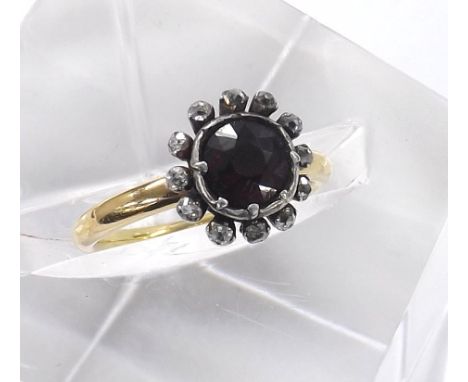 Attractive garnet and diamond circular cluster ring, rose-cuts, 10mm diameter, 3.3gm, ring size J/K