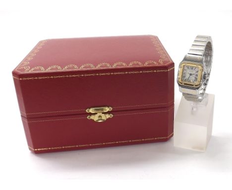 Cartier Santos automatic stainless steel and gold lady's bracelet watch, ref. 2423, no. 615262CE, square silvered guilloche d