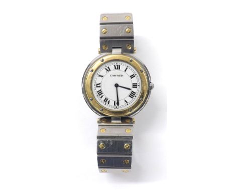 Cartier Santos stainless steel and gold gentleman's bracelet watch, case no. 8191223075, white dial with Roman numerals, oute
