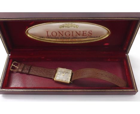 Longines 14k gentleman's wristwatch, circa 1951, square silvered chequer dial with Arabic quarter numerals and dot markers, c
