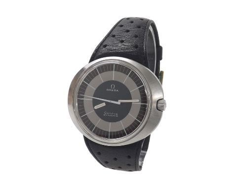 Omega Geneve Dynamic stainless steel gentleman's wristwatch, black dial with white sweep centre seconds, black leather strap,