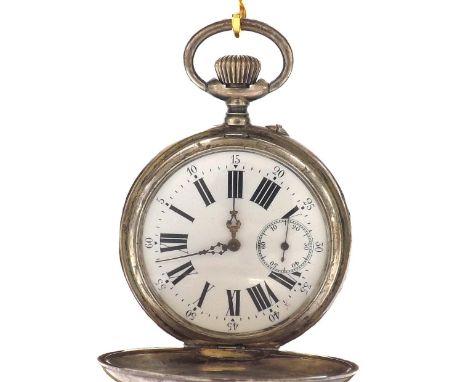 Large French remontoir lever white metal hunter pocket watch, gilt frosted 15 jewel movement, the dial with Roman numerals, o