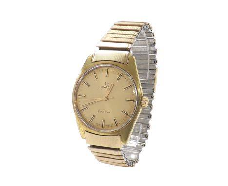 Omega Geneve gold plated and stainless steel gentleman's bracelet watch, circa 1970, ref. 135041, champagne dial with baton m