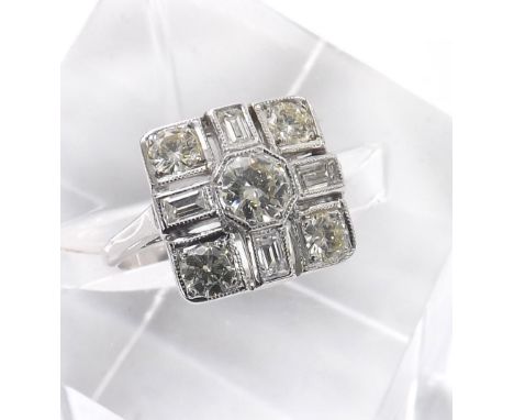 Impressive 18ct white gold diamond cluster ring in the Art Deco manner, round brilliant and baguette-cuts, 1.30ct approx, cla