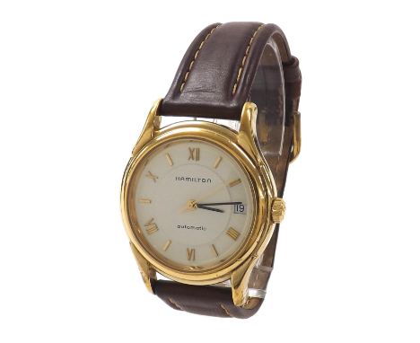 Hamilton gold plated automatic gentleman's wristwatch, ref. 6234, circular dial with Roman numerals, baton markers, date aper