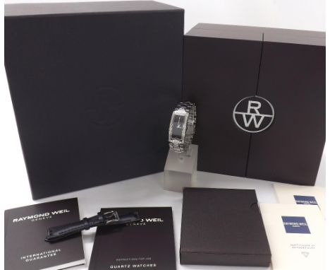 Raymond Weil Shine rectangular curved stainless steel lady's bracelet watch, ref. 1500, no. V637246, rectangular black dial, 