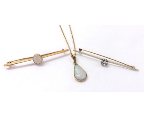 9ct opal bar brooch, opal pendant on a 9ct necklet; also a stone set bar brooch