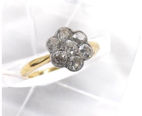 18ct yellow gold old-cut seven stone diamond ring, 0.70ct approx, cluster 9mm, 2.6gm,  ring size J/K  