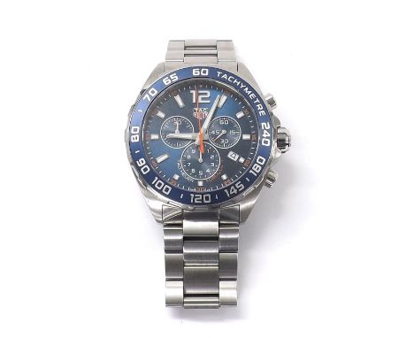 Tag Heuer Formula 1 chronograph stainless steel gentleman's bracelet watch, ref. CAZ1014, no. WBQ3972, blue dial and bezel, q