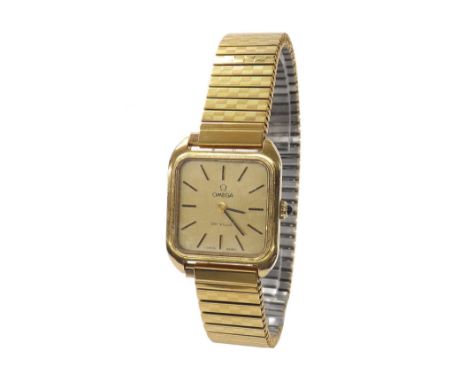 Omega De Ville square cased gold plated and stainless steel bracelet watch, circa 1978, ref. 5110502, square champagne dial w