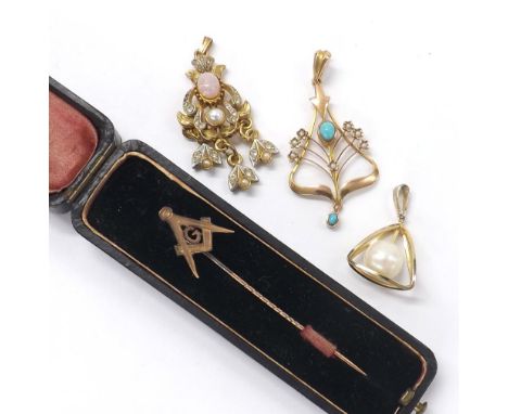 Art Nouveau turquoise and seed pearl openwork pendant, 2.2gm, 48mm drop; Masonic cased stick pin and two gold plated pendants