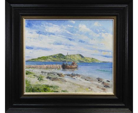 ERNI UPTON FRSA,LAMLASH PIER &amp; HOLY ISLAND, ARRANoil on canvas, signed, further signed, titled and dated 2016 verso image