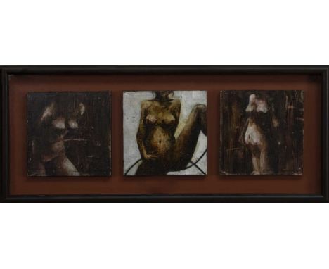 * DEIRDRE MCCRIMMON (SCOTTISH b. 1970),FEMALE NUDE TRIPTYCHoil on panelimage size 20cm x 20cm each, overall framed size 34cm 
