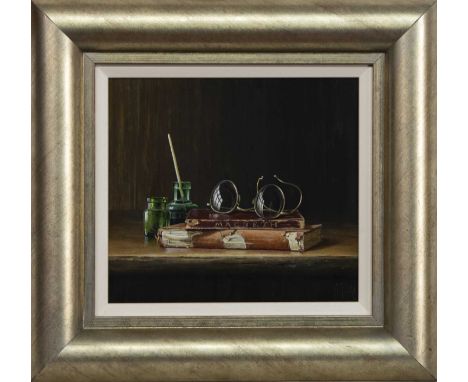 * IAN MASTIN (BRITISH b. 1949),LIGHT READING oil on board, signedimage size 22cm x 25cm, overall size 36cm x 39cm Framed.