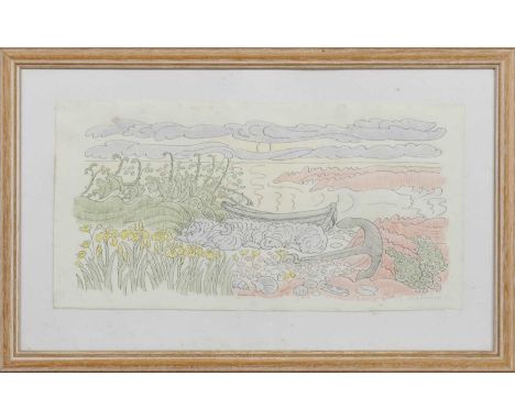 * MARGOT SANDEMAN (SCOTTISH 1922 - 2009),SHORE SCENE (ARRAN)mixed media on paper, signed and dated '89image size 29cm x 57cm,