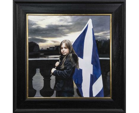 * GERARD BURNS (SCOTTISH b. 1961),GIRL WITH THE SALTIREoil on canvas, signedimage size 69cm x 69cm, overall size 94cm x 94cm 