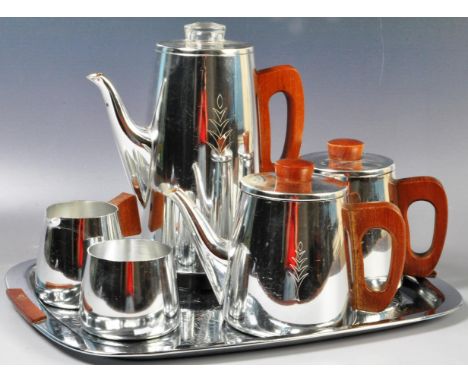 A retro mid century Sona stainless steel Coffee &amp; Tea service complete with tray having teapot, coffee pot, sugar bowl an