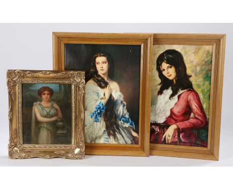 Three Portraits, portrait of a young Grecian maid signed F Poggio ornate gilt frame 19cm x 24cm; and a further pair of colour