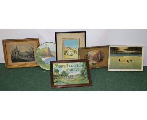 A collection of six various framed prints to include: b &amp; w photographic print of a cathedral 25cm x 20cm; a coloured rel