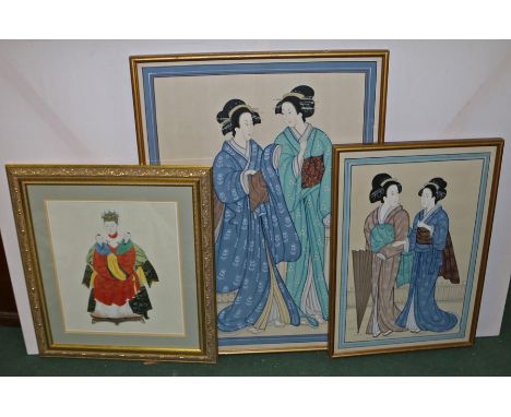 Chinese portraits, to include two female figures walking, 56cm x 80cm, together with another similar larger example 79cm x 10