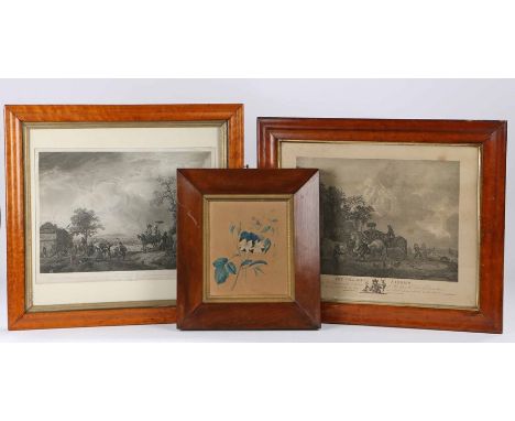 Three prints, to include two maple framed prints and a foliate print with a rosewood frame, (3)